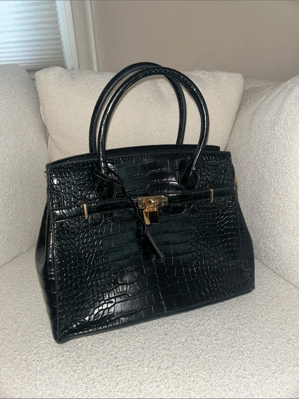 Classic Black Croc-Embossed Satchel Bag